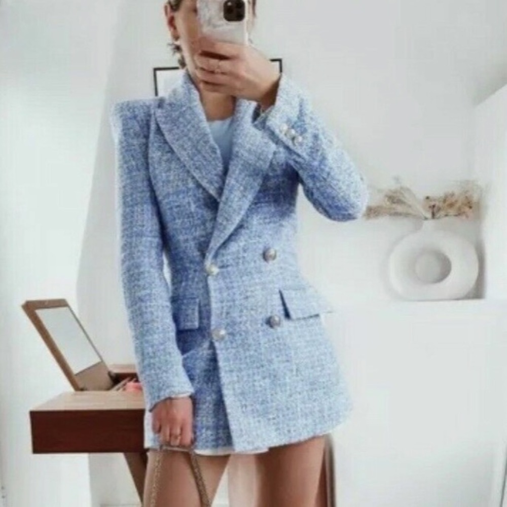 Zara Blue and White Blazer Classic Checkered Design